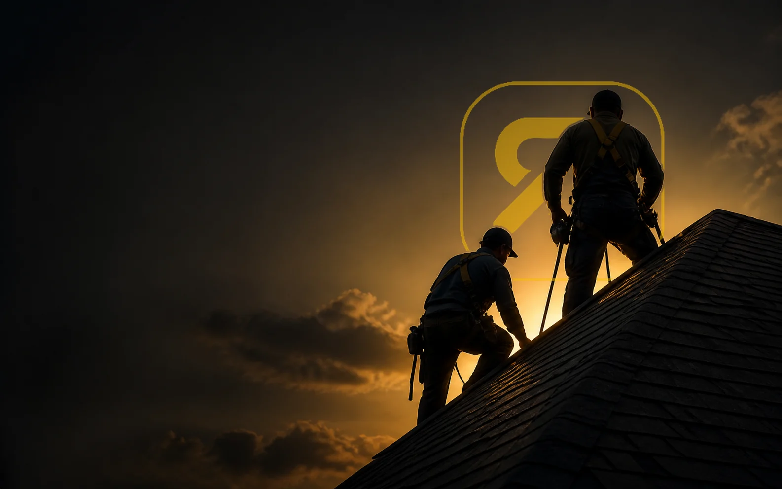 Two roofing professionals working on a roof at sunset